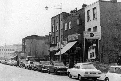 The Cut, c1969. Looking towards Lower Marsh, Windmill pub is set back on the left of Cookes pie and mash. X.png