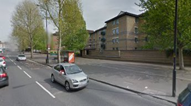 Rotherhithe New Road, this is roughly where the Empress of India pub was, just down from Credon Road, which is down on the left c2015.  X.png