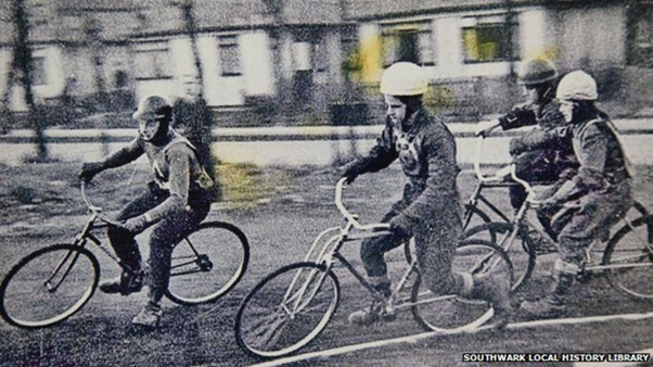 Lynton Road, Patterson Park. Jim Longbom holds the inside line at the Lynton Lynx track. Many of the bikes were homemade - with no brakes. X.png