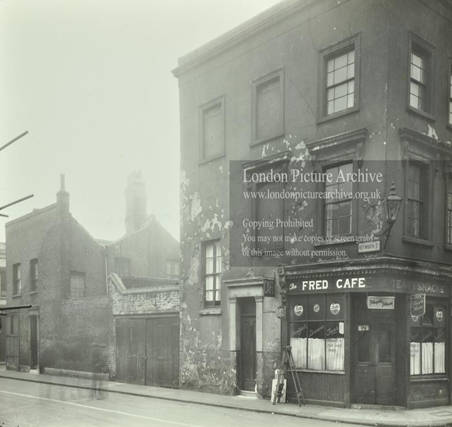 Keyworth Street left, Thomas Doyle Street, right. off Southwark Bridge Road c1953.  X..png