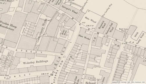 Bermondsey Wall West, c1895. Slate Wharf next to Brunswick Wharf was renamed Adlards Wharf in later years, Adlards also had the Slate Warehouse opposite in George Row. X..png