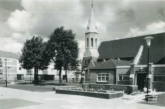 Thorburn Square, c1973, Bermondsey showing St Anne's Church. The church was built 1869-7 and the hall was added in 1894.  X..png