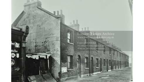 Boyton's Row, looking from New Church Road towards the Surrey Canal. Same row of houses from both ends.  X.png