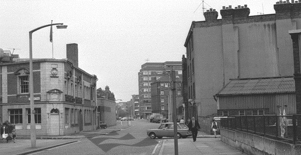 Webber Street, Waterloo, Valentine Place left, Barons Place right. Looking towards Blackfriars Road, c1972. 1 X..jpg