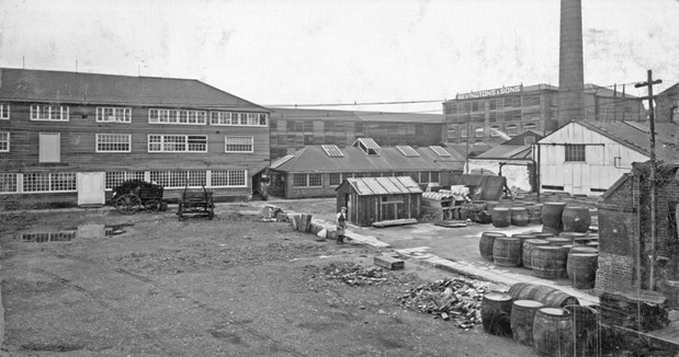 Abbey Street, Messrs. Bevingtons and Sons' Leather Mills, Neckinger. June 1931. Vacant space to right is original site of Joanna Southcott's Chapel. X..jpg