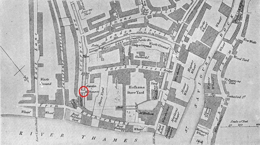 George Row, Rotherhithe. Circled in red the bridge that gave Bridge House its name.  X..png