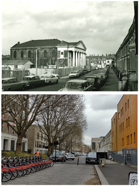 Wansey Street in 1972 and today, 50 years later. The former Surrey Tabernacle and then Borough Synagogue (from 1927) left. Bottom picture same location 2022.  X..png
