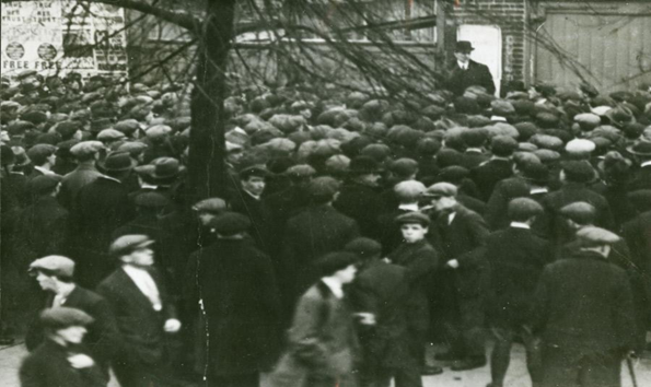 Mill Pond Bridge 1920. Alderman W.C. Bustin, Mayor of Bermondsey, addressing a group of unemployed.  X.png