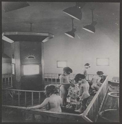 Grange Road, The Solarium 1937. Children receiving sunlight treatment at the public health centre.  X..png