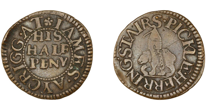 Pickle Herring Stairs, the name on the token is that of James Acrigg, c1675.  X..png