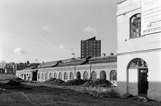 Willow Walk, Bricklayers Arms stables, building in background. Guinness Square Estate, Pages Walk.  X   .png