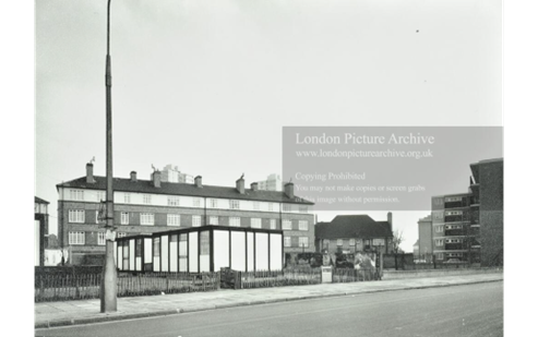 Lower Road Prefabs Bermondsey, blocks of flats of the Irwell Estate behind c 1976.  X..png