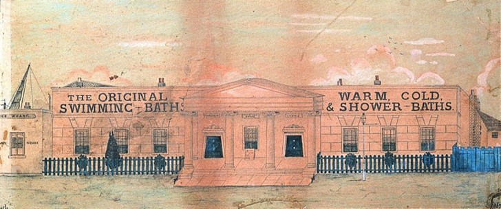 Addington Square Swimming Baths, c1867. Camberwell Council demolished the building to make way for a refuse depot in 1901.  X..jpg