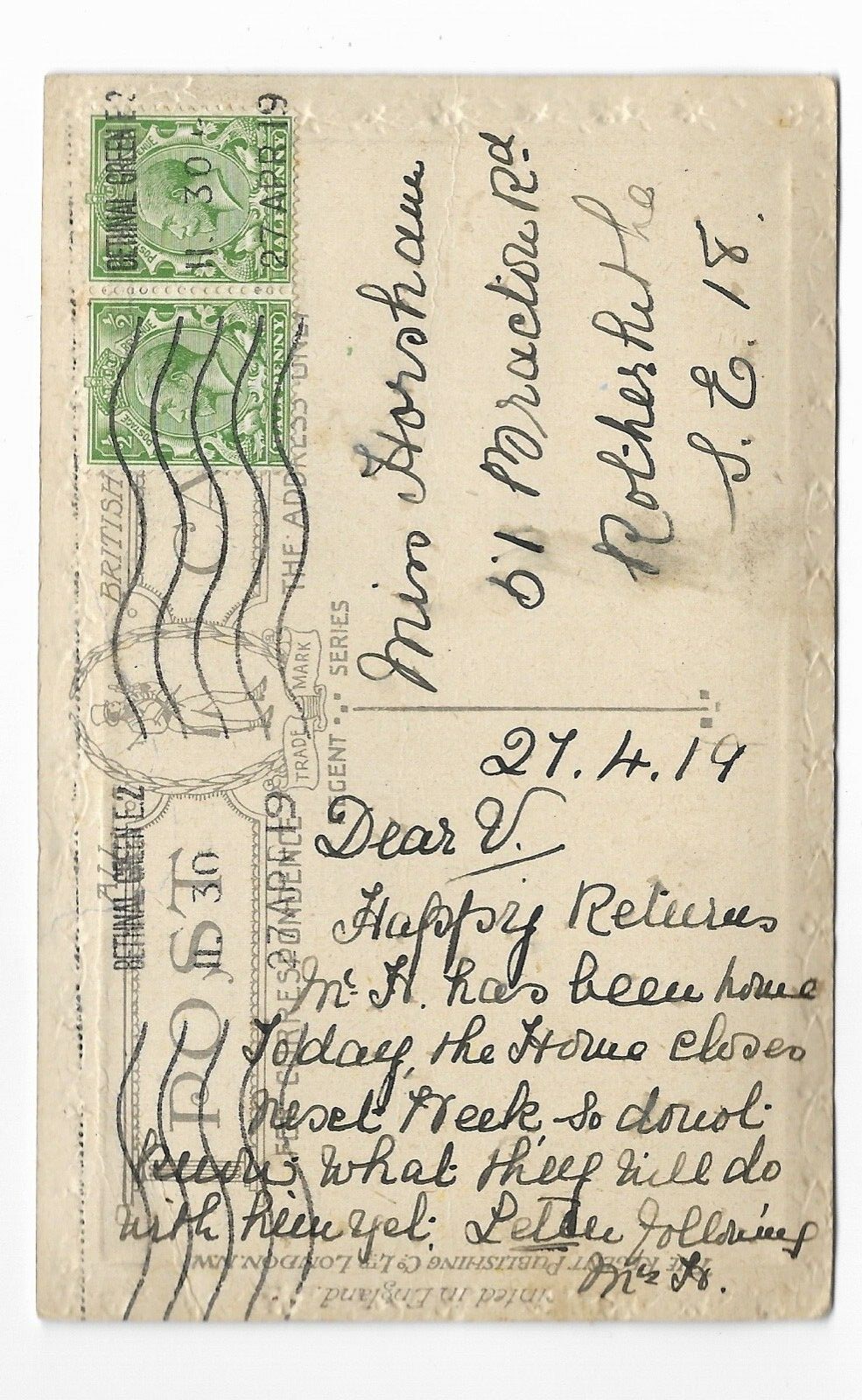 Eugenia Road formally Bracton Road. Miss V Horsham, 51 Bracton Road, Rotherhithe,1919, this was off Silwood street. X (2).jpg