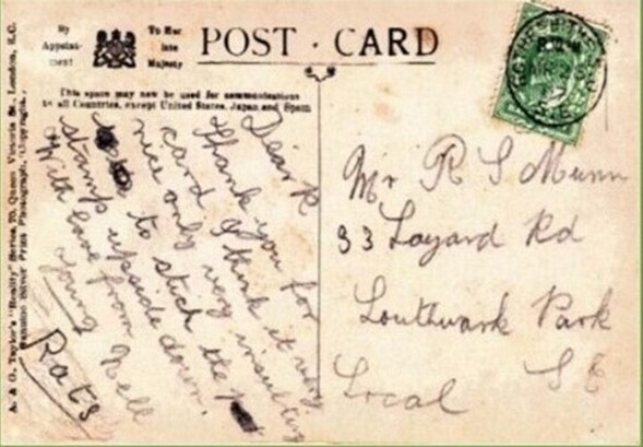 Layard Road, a post from ‘Young Nell-Rats’ to R. Mann 1907.  X.jpg