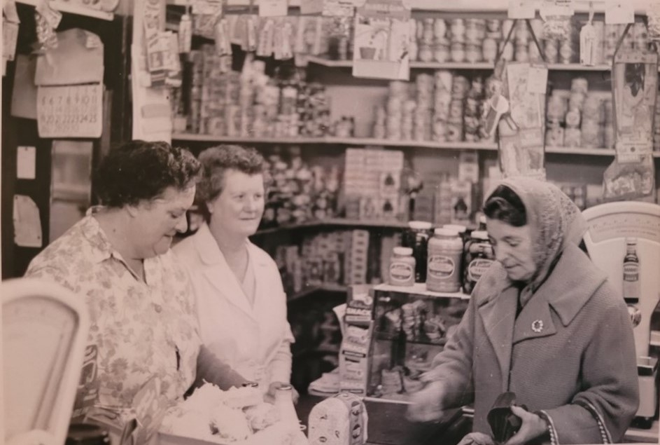 Alvey Street, Lebanon Street, J Stamp & Sons corner shop c1960. Margaret 'Cissy' Stamp in the middle. 1 X..jpg