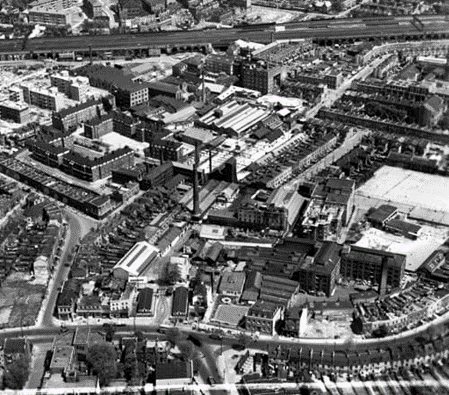 Southwark Park Road, 1951. Eonia Works in Bermondsey showing some air raid damage.  X..png