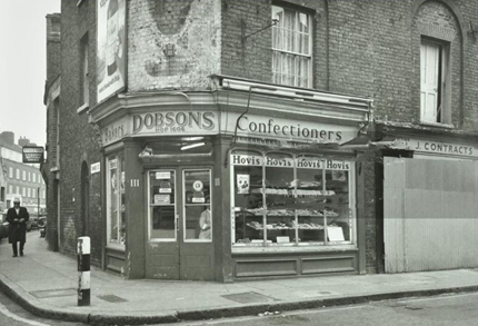 12. Bermondsey Street, Dobsons bakers and confectioners at the junction with Tanner Street (left) c1970.  X..png