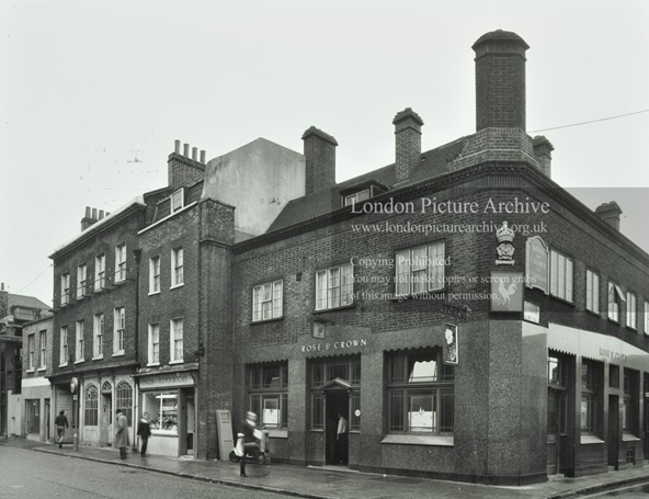 Union Street, Southwark c1972, Rose and Crown Pub on the corner with Ayres Street, formerly Whitecross Street. X.png