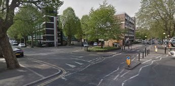 Rotherhithe New Road straight through, Oldfield Grove left & St Helena Road left of the trees in the middle, 2017.jpg