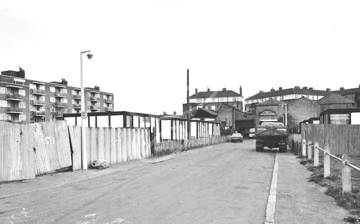 Temeraire street and prefabs - 1976.  off Albion Street, Rotherhithe..png