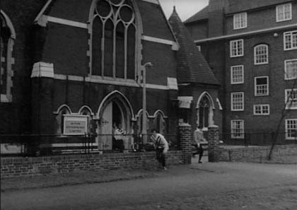 Tabard Street,Dave Clarke Five seen leaving the Church after filming.jpg
