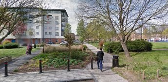 Darwin Street is now separated by this green. The site of The Duchess of York Pub is where the white building is..jpg