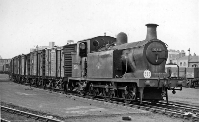 Bricklayer's Arms Goods. In the days (1959) when the several Depots at Bricklayer's Arms were still very active, No. 32418 built in 1905, withdrawn 1962) is seen shunting.  X.jpg