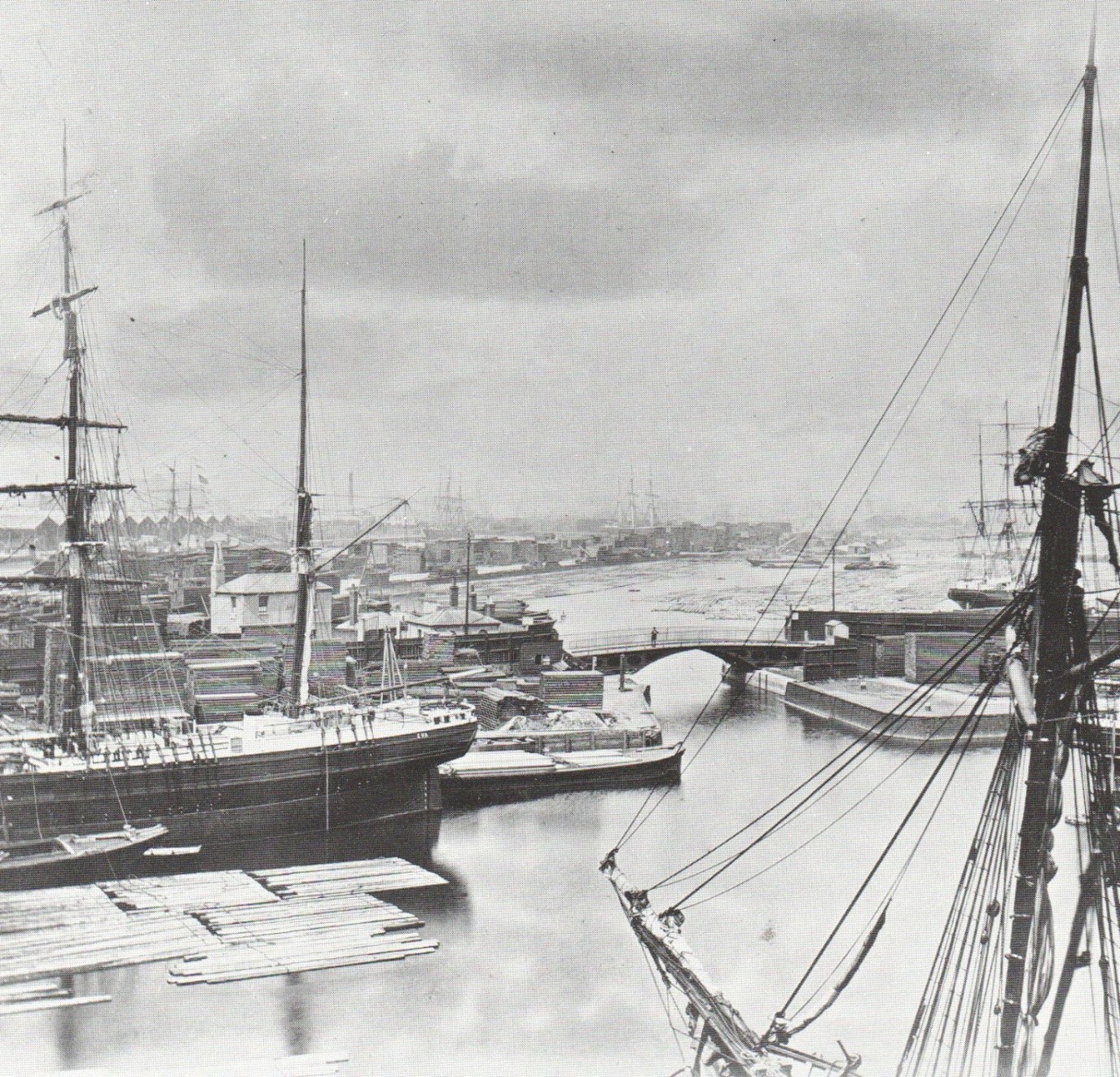 Norway Dock, with Lady Dock on the other side of the bridge, both floating timber. 1876. X.jpg