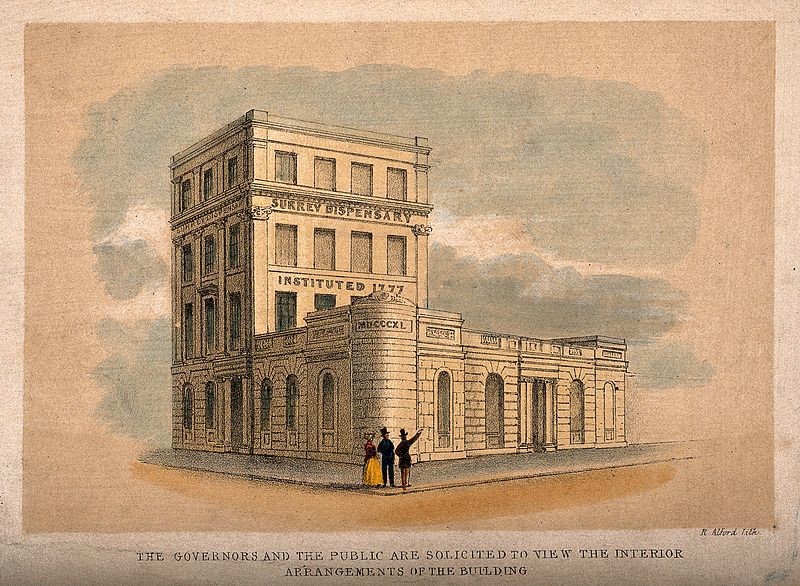 Trinity Street.The Surrey Dispensary, Southwark. Coloured lithograph by R. Alford, c.1840..jpg