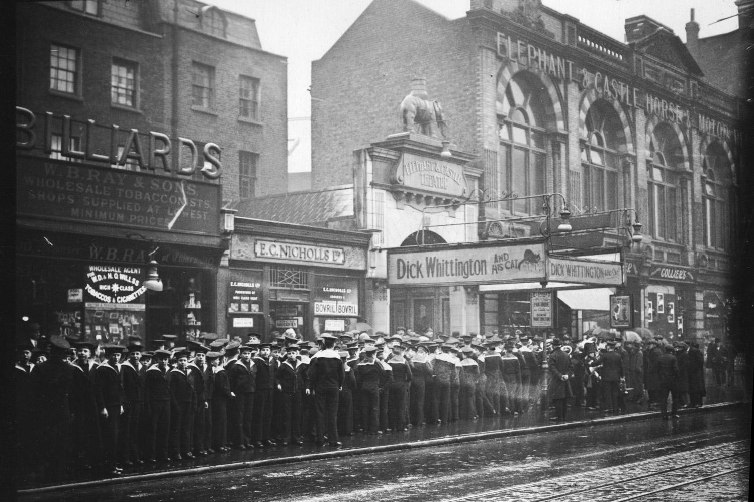 New Kent Road. 950 sailor boys arriving at the Elephant and Castle Theatre, to see Dick Whittington.1928.jpg