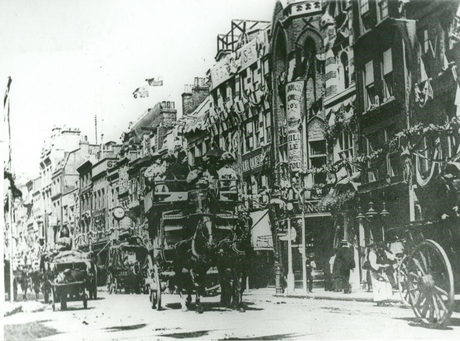 Borough High Street, the building have been decorated for the Queen's Jubliee in 1897..jpg