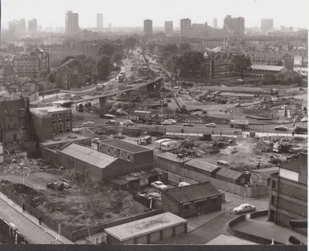 Leroy Street looking south over the Bricklayers Arms junction and down New Kent Road during construction of the flyover  Old Kent Road 1969.jpg