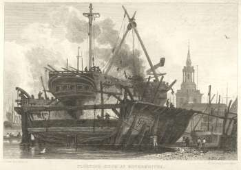 Floating Dock, Rotherhithe, 1815. In the background can be seen the parish Church of St Mary the Virgin..png