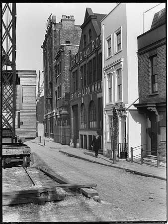 Bankside, Cardinals Wharf at 49  Bankside is still standing but the site on which British Lion Wharf and the warehouse beyond stood is now occupied by Shakespeare's Globe.  X.png