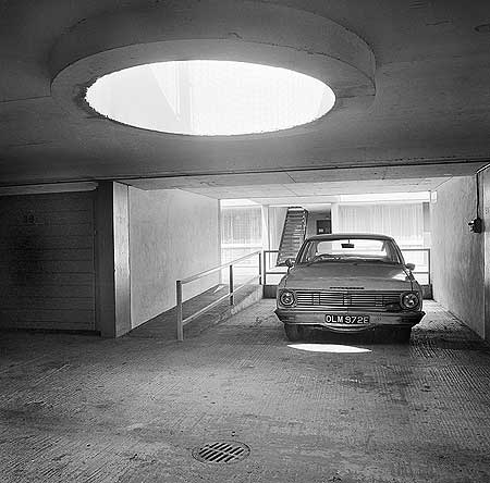 Plough Way, c1970s. A Vauxhall parked in the underground car park associated with the Jura House low rise flats in Southwark Jura House.   X.png