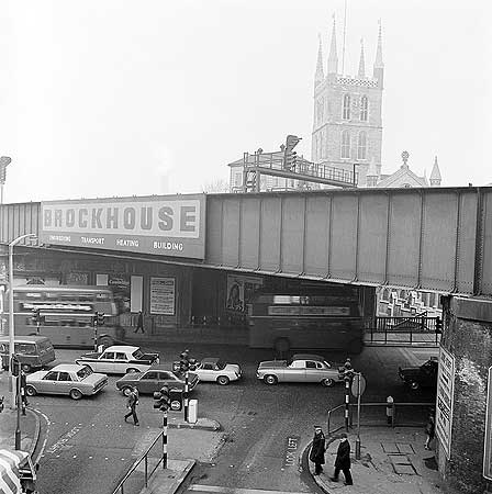 Borough High Street,Southwark Cathedral visible behind. Behind the bus is the café I used when I worked in Railway Approach, late 1950s.  X.png