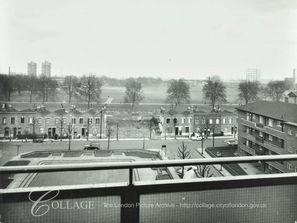 Abbeyfield Road, Bermondsey 1964, houses backing onto Southwark Park with tower blocks in the distance.  Before the big building was built in front.  X.png