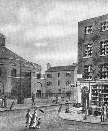 Blackfriars Road c1815, corner with Charlotte Street now Union Street. This part at that time was called St Georges Place.  X.png