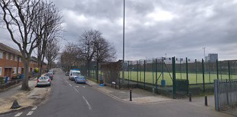 Lynton Road 2019.This is the view looking from the opposite direction. The prefabs would have been on the left, with the corner of Monnow Road showing.  X.png