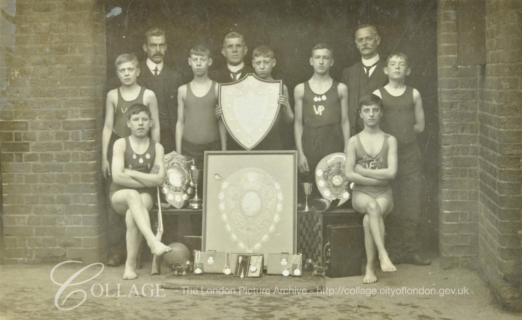 Rodney Road, Victory Place School, group of boys and teacher with sports trophies c1908.   X.png