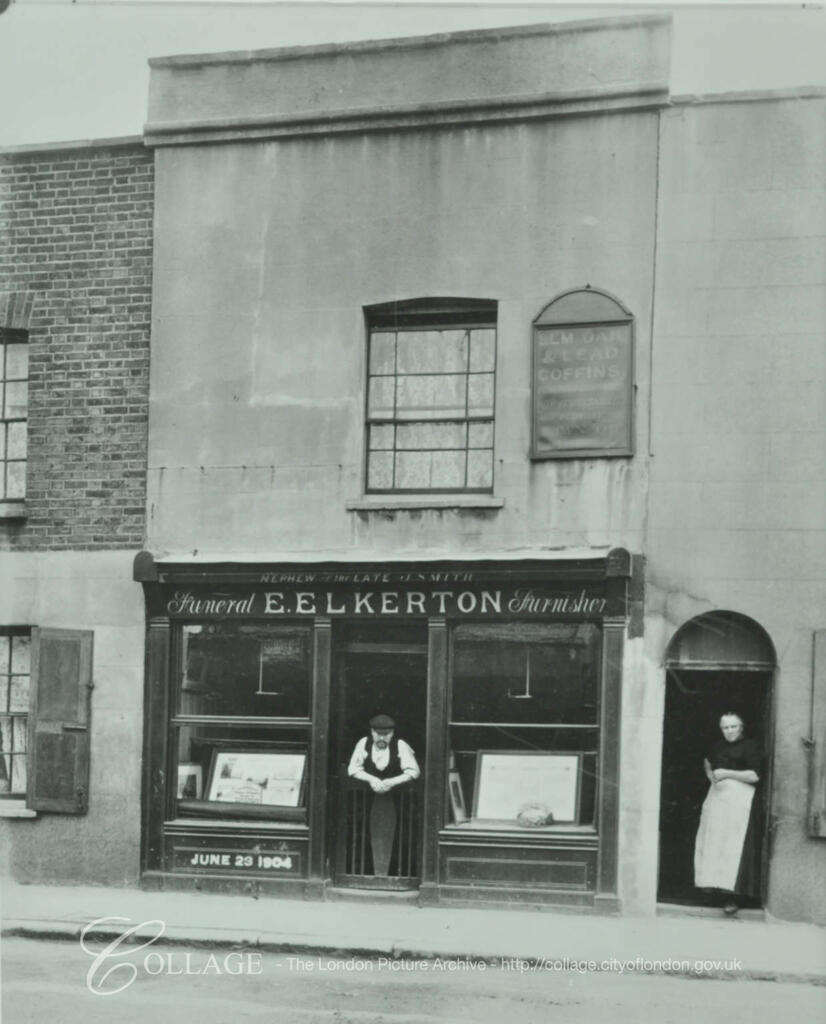 Swan Road, Rotherhithe, formerly Swan Lane, showing business of E. Elkerton funeral furnisher c1904. X.png