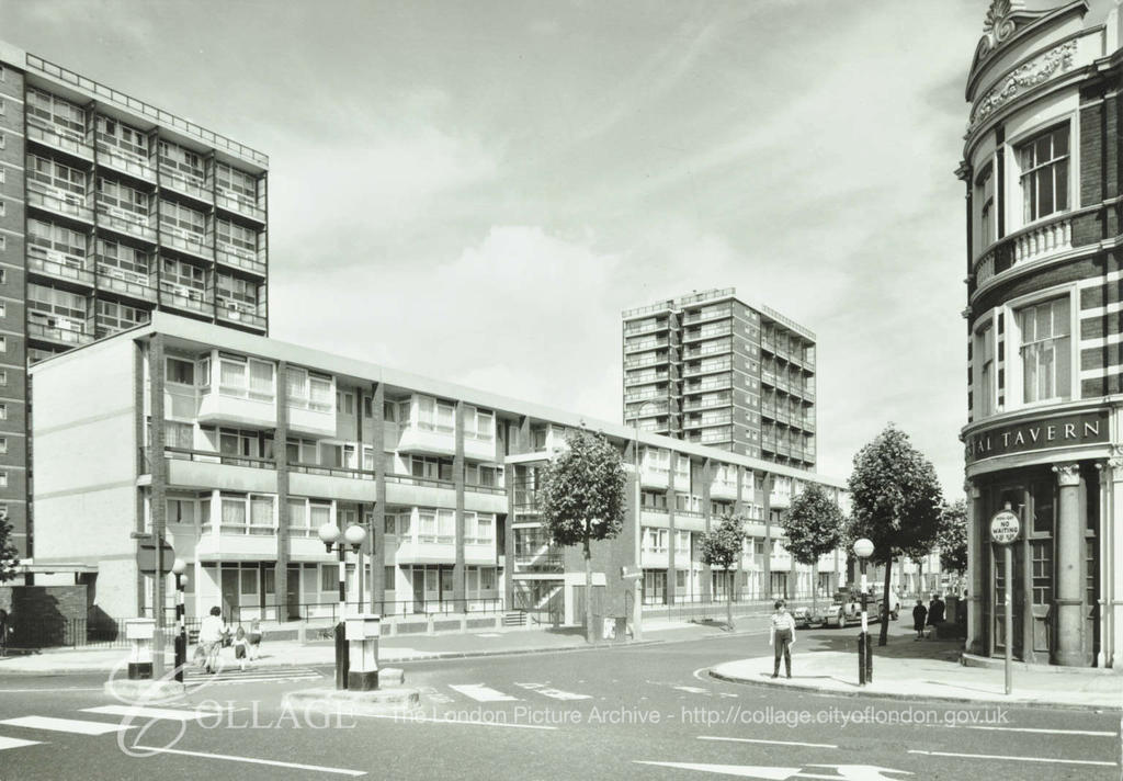 Rotherhithe New Road c1966.  Rotherhithe Old Road opposite, between Silwood Estate and the Crystal Tavern Pub.  X.png