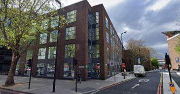 Newington Causeway left, 2019, site of The Kings Head Pub, now the Perry Library, Southwark Bridge Road right..png
